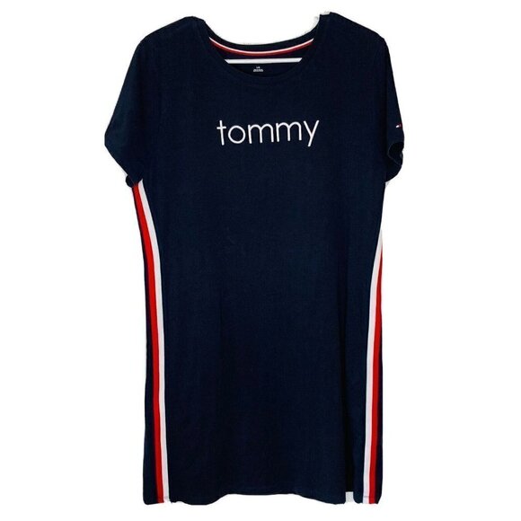 Tommy Hilfiger Womens Y2K T-shirt Racing Stripe Nautical Navy White Red Dress-LG - Picture 1 of 13